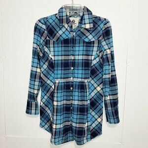 Women’s ‘JUST A CHEAP SHIRT' Blue White Black Plaid Flannel Shirt Medium EUC